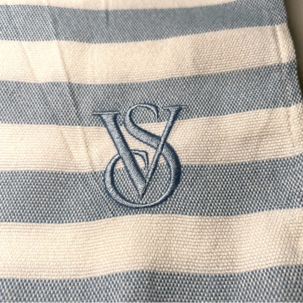 Victoria Secret Beach Picnic Blanket Fringe Blue White Stripped Logo